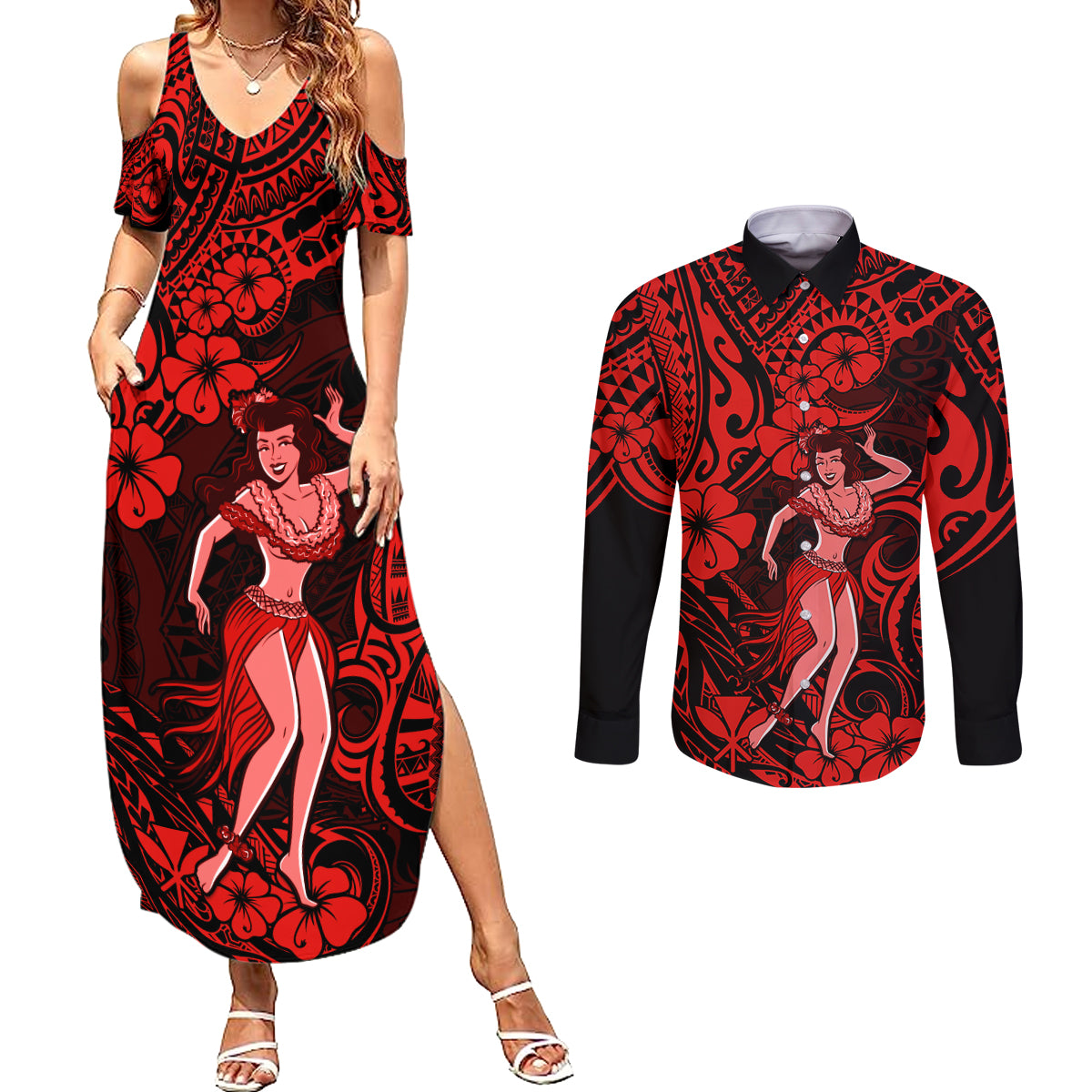 Hawaii Hula Girl Couples Matching Summer Maxi Dress and Long Sleeve Button Shirts Hibiscus Hawaii Tribal Tattoo Red Version LT01 Red - Polynesian Pride