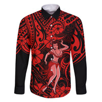 Hawaii Hula Girl Family Matching Off Shoulder Maxi Dress and Hawaiian Shirt Hibiscus Hawaii Tribal Tattoo Red Version LT01 Dad's Shirt - Long Sleeve Red - Polynesian Pride