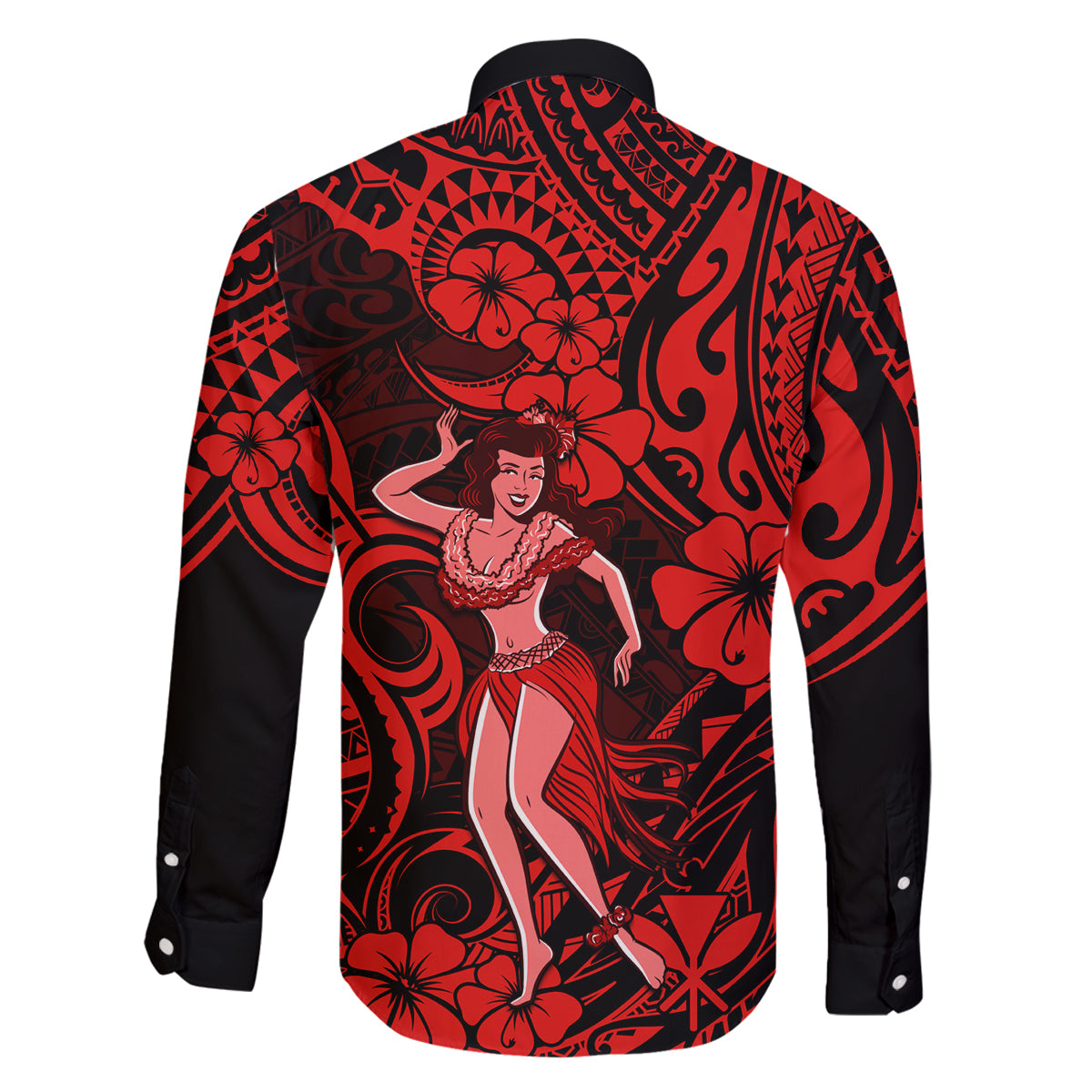 Hawaii Hula Girl Family Matching Summer Maxi Dress and Hawaiian Shirt Hibiscus Hawaii Tribal Tattoo Red Version LT01 - Polynesian Pride