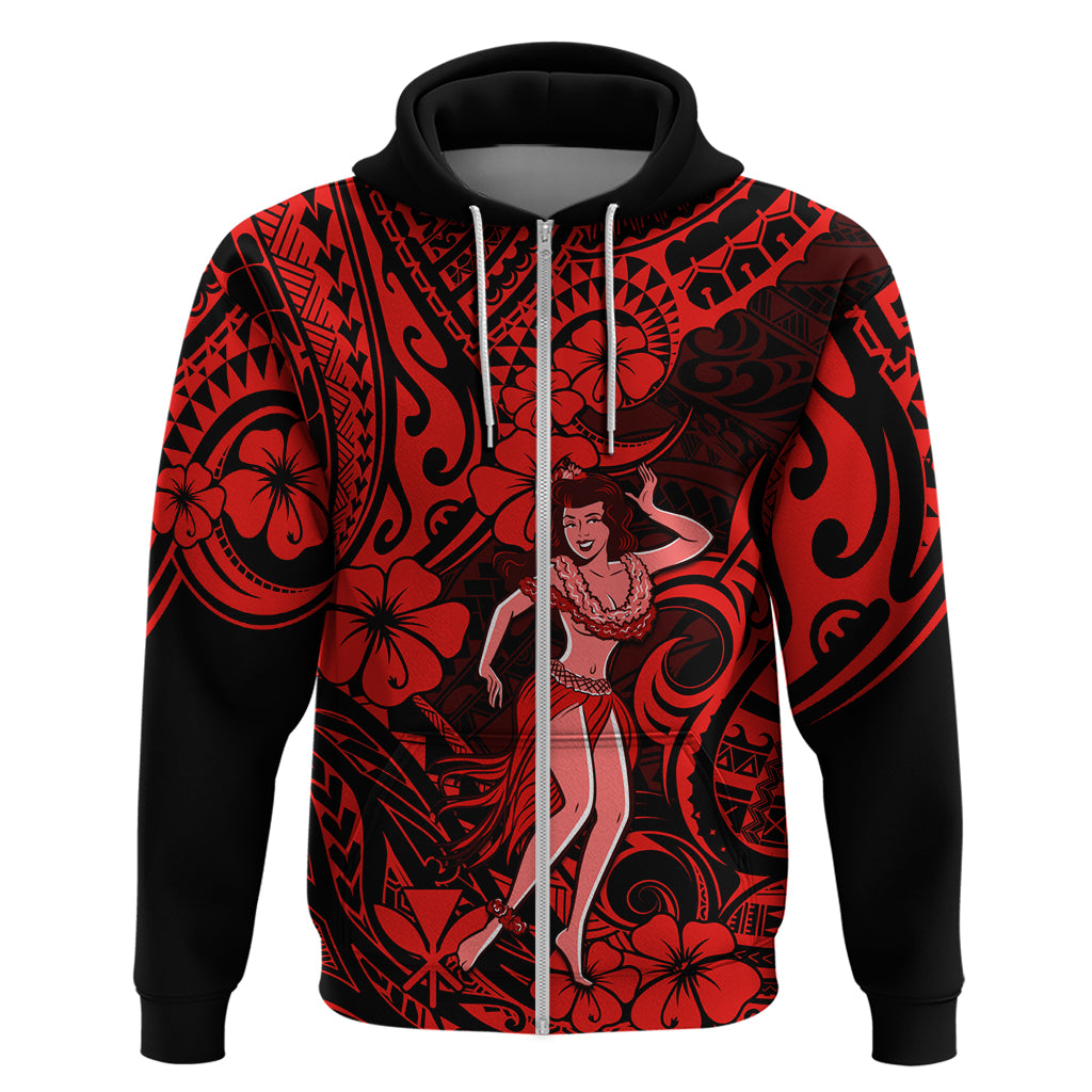 Hawaii Hula Girl Hoodie Hibiscus Hawaii Tribal Tattoo Red Version LT01 Zip Hoodie Red - Polynesian Pride
