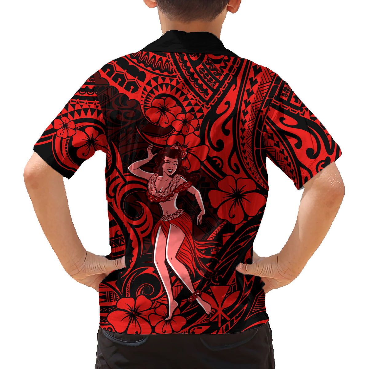 Hawaii Hula Girl Kid Hawaiian Shirt Hibiscus Hawaii Tribal Tattoo Red Version LT01 - Polynesian Pride