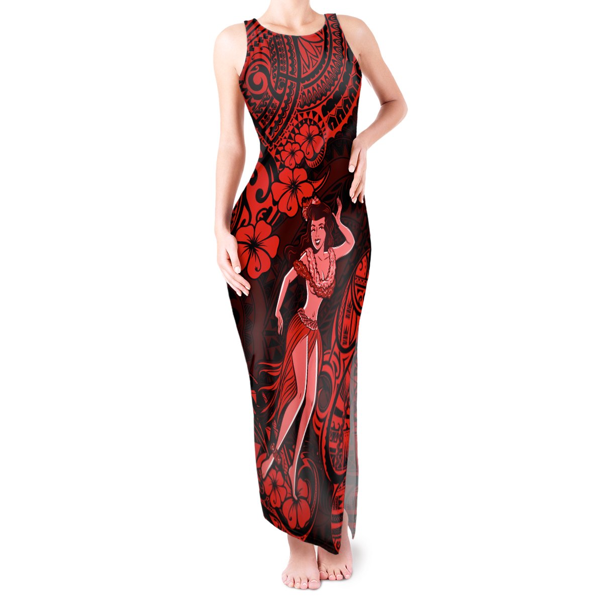 Hawaii Hula Girl Tank Maxi Dress Hibiscus Hawaii Tribal Tattoo Red Version LT01 Women Red - Polynesian Pride