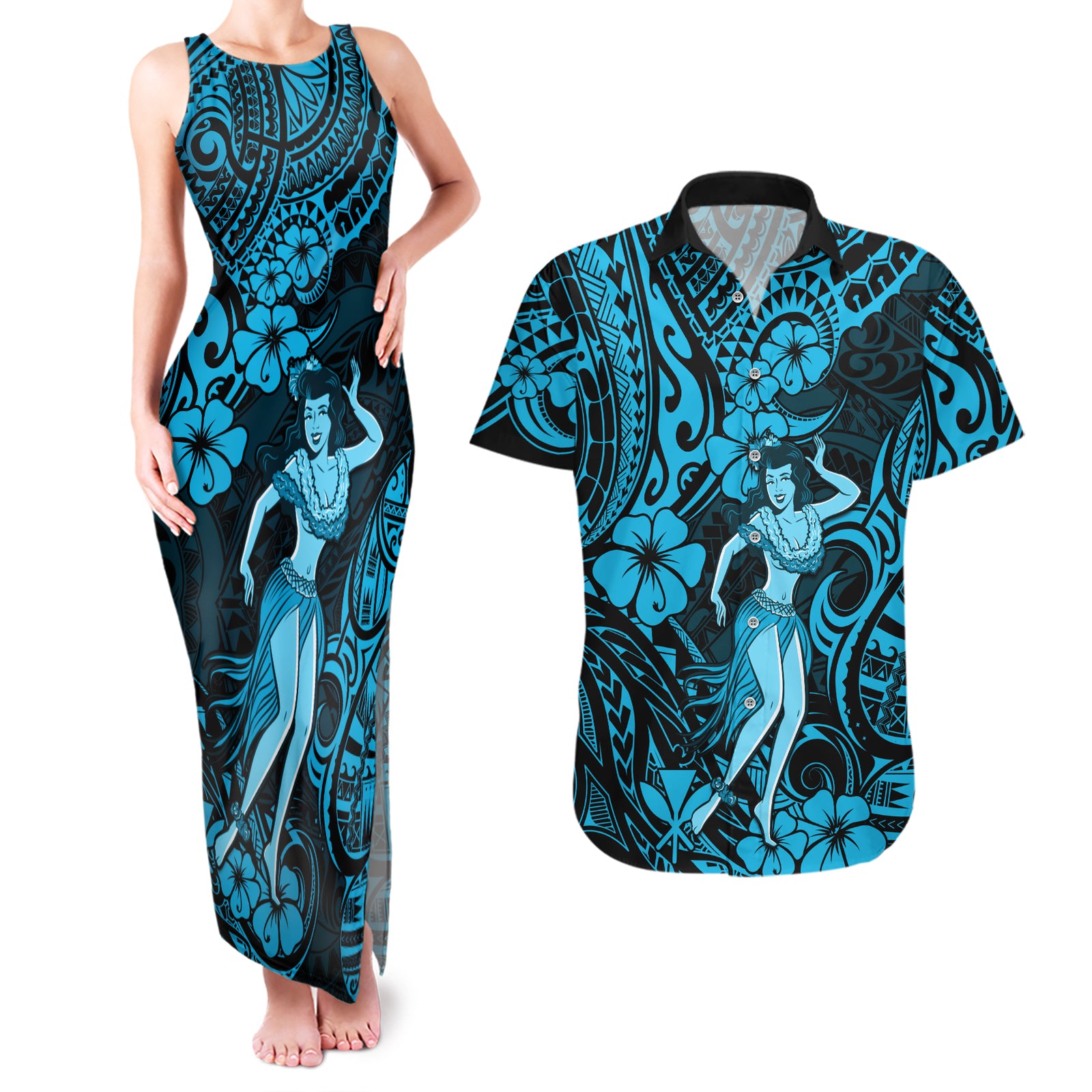 Hawaii Hula Girl Couples Matching Tank Maxi Dress and Hawaiian Shirt Hibiscus Hawaii Tribal Tattoo Sky Blue Version LT01 Blue - Polynesian Pride