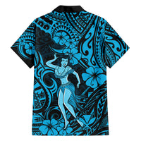 Hawaii Hula Girl Family Matching Off Shoulder Short Dress and Hawaiian Shirt Hibiscus Hawaii Tribal Tattoo Sky Blue Version LT01 - Polynesian Pride