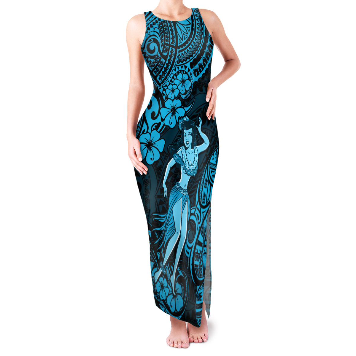 Hawaii Hula Girl Family Matching Tank Maxi Dress and Hawaiian Shirt Hibiscus Hawaii Tribal Tattoo Sky Blue Version LT01 Mom's Dress Blue - Polynesian Pride