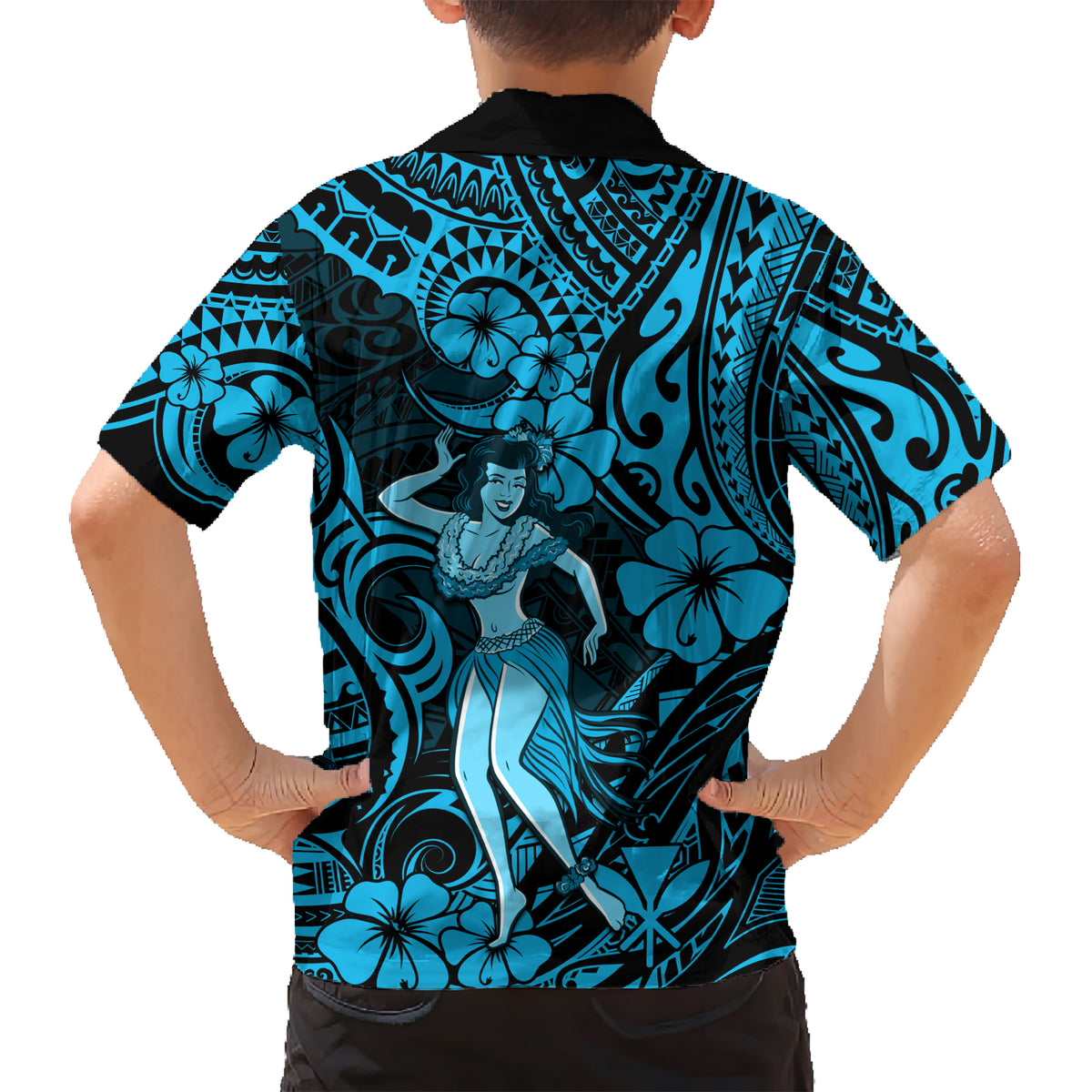 Hawaii Hula Girl Kid Hawaiian Shirt Hibiscus Hawaii Tribal Tattoo Sky Blue Version LT01 - Polynesian Pride