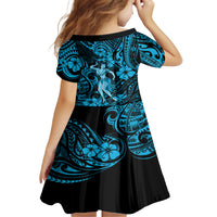 Hawaii Hula Girl Kid Short Sleeve Dress Hibiscus Hawaii Tribal Tattoo Sky Blue Version LT01 - Polynesian Pride