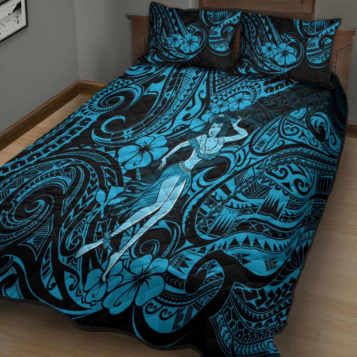 Hawaii Hula Girl Quilt Bed Set Hibiscus Hawaii Tribal Tattoo Sky Blue Version LT01 - Polynesian Pride