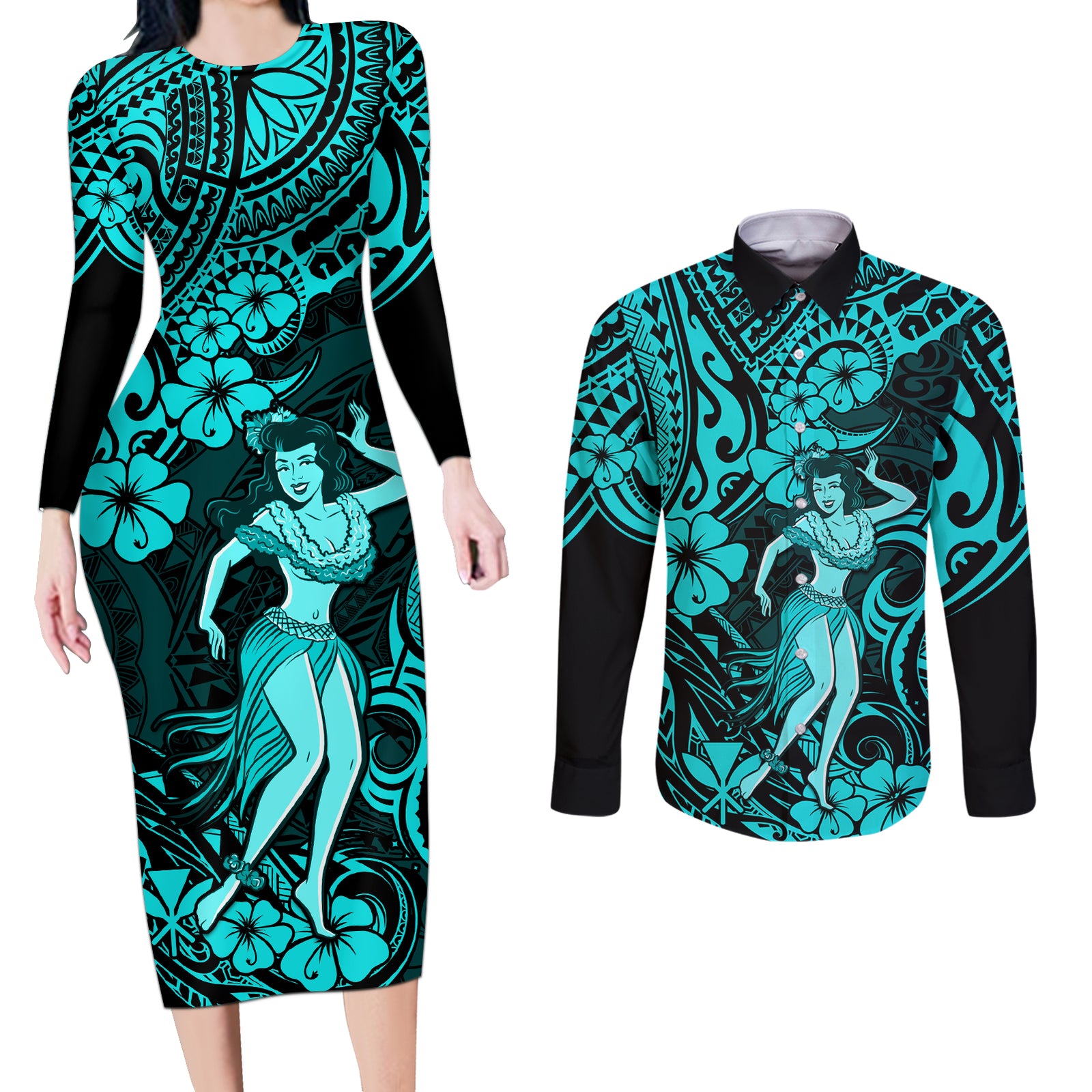 Hawaii Hula Girl Couples Matching Long Sleeve Bodycon Dress and Long Sleeve Button Shirts Hibiscus Hawaii Tribal Tattoo Turquoise Version LT01 Turquoise - Polynesian Pride