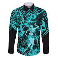 Hawaii Hula Girl Family Matching Long Sleeve Bodycon Dress and Hawaiian Shirt Hibiscus Hawaii Tribal Tattoo Turquoise Version LT01 Dad's Shirt - Long Sleeve Turquoise - Polynesian Pride