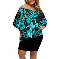 Hawaii Hula Girl Family Matching Off Shoulder Short Dress and Hawaiian Shirt Hibiscus Hawaii Tribal Tattoo Turquoise Version LT01 Mom's Dress Turquoise - Polynesian Pride