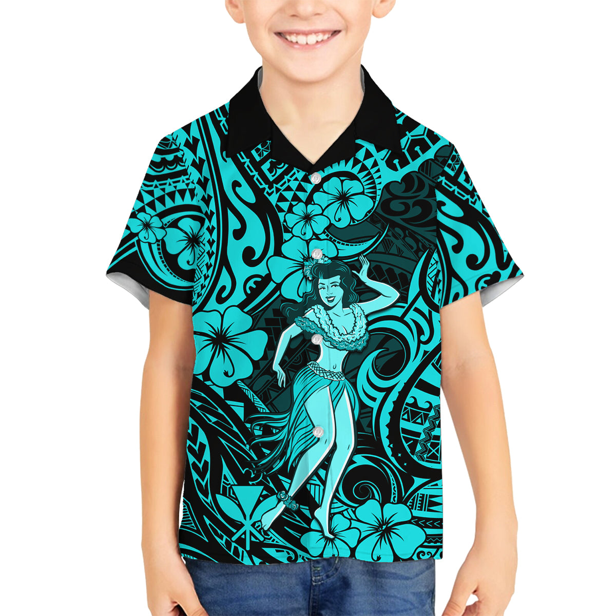 Hawaii Hula Girl Family Matching Tank Maxi Dress and Hawaiian Shirt Hibiscus Hawaii Tribal Tattoo Turquoise Version LT01 Son's Shirt Turquoise - Polynesian Pride