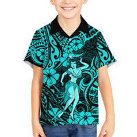 Hawaii Hula Girl Kid Hawaiian Shirt Hibiscus Hawaii Tribal Tattoo Turquoise Version LT01 Kid Turquoise - Polynesian Pride