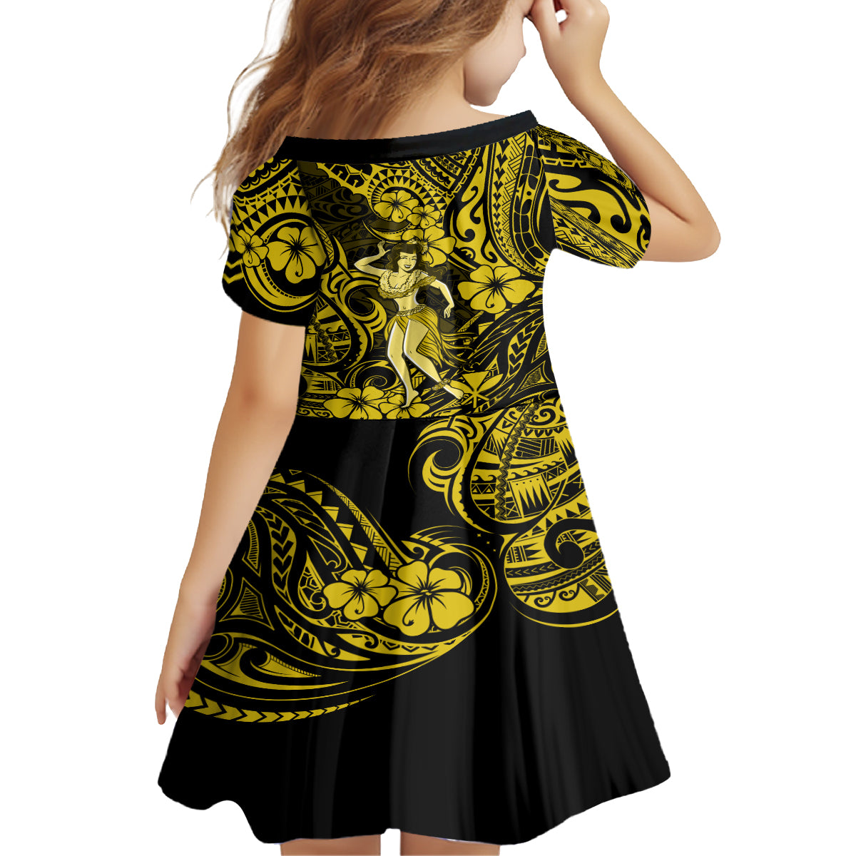 Hawaii Hula Girl Kid Short Sleeve Dress Hibiscus Hawaii Tribal Tattoo Yellow Version LT01 - Polynesian Pride