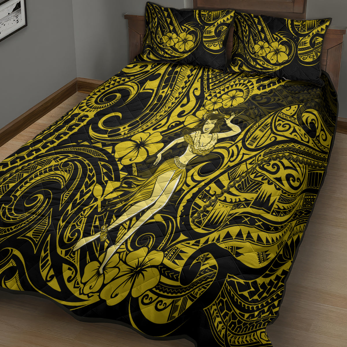 Hawaii Hula Girl Quilt Bed Set Hibiscus Hawaii Tribal Tattoo Yellow Version LT01 - Polynesian Pride