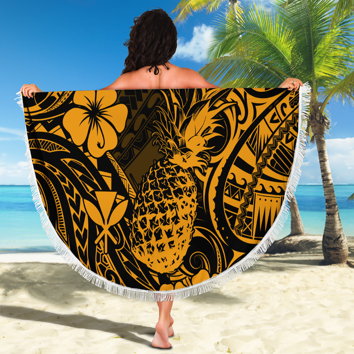 Hawaii Pineapple Beach Blanket Paradise Flowers Pacific With Gold Polynesian Tribal LT01 - Wonder Print Shop