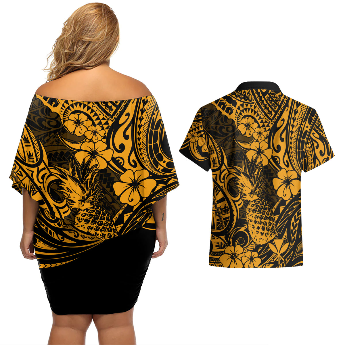 Hawaii Pineapple Couples Matching Off Shoulder Short Dress and Hawaiian Shirt Paradise Flowers Pacific With Gold Polynesian Tribal LT01 - Polynesian Pride