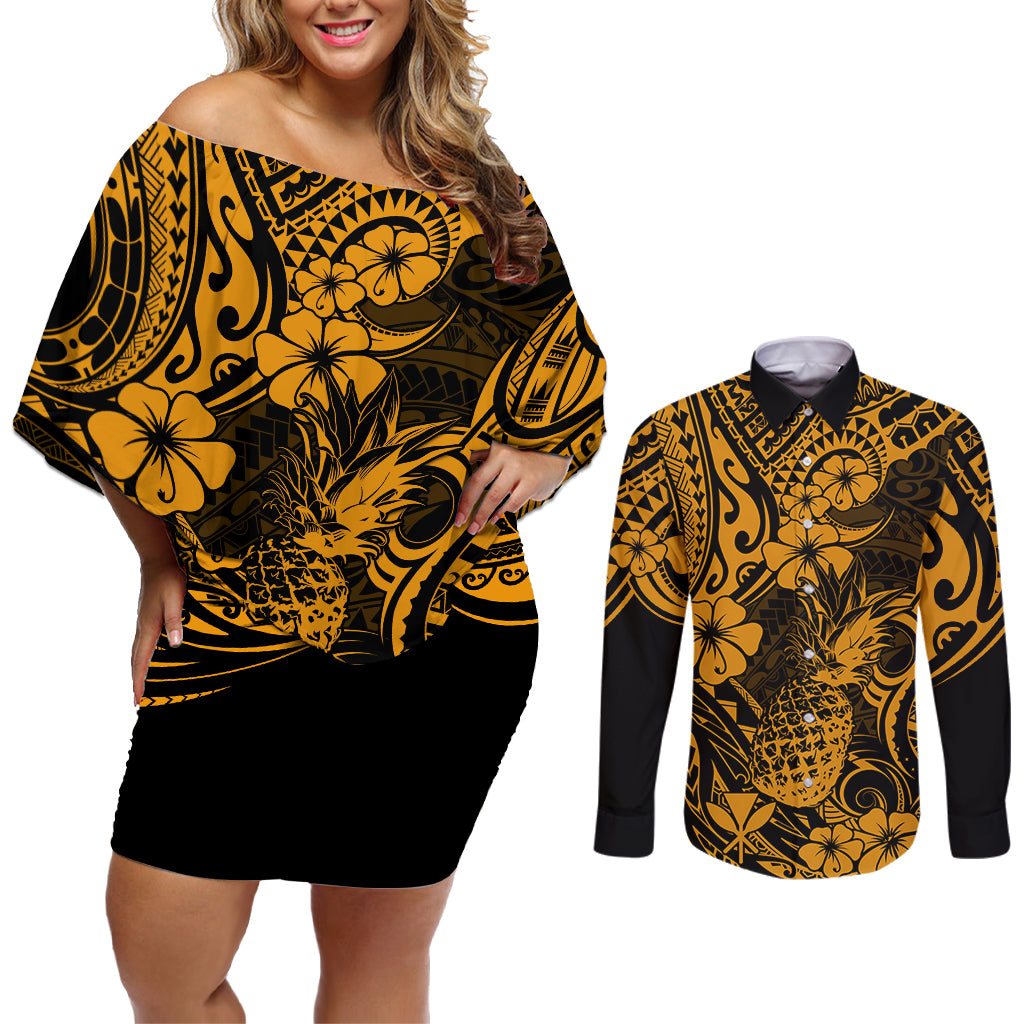 Hawaii Pineapple Couples Matching Off Shoulder Short Dress and Long Sleeve Button Shirts Paradise Flowers Pacific With Gold Polynesian Tribal LT01 Gold - Polynesian Pride
