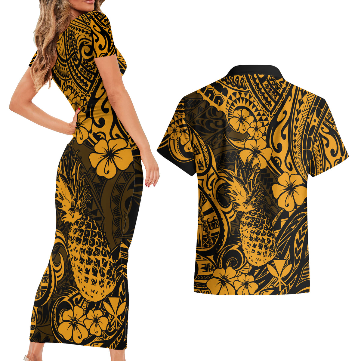 Hawaii Pineapple Couples Matching Short Sleeve Bodycon Dress and Hawaiian Shirt Paradise Flowers Pacific With Gold Polynesian Tribal LT01 - Polynesian Pride