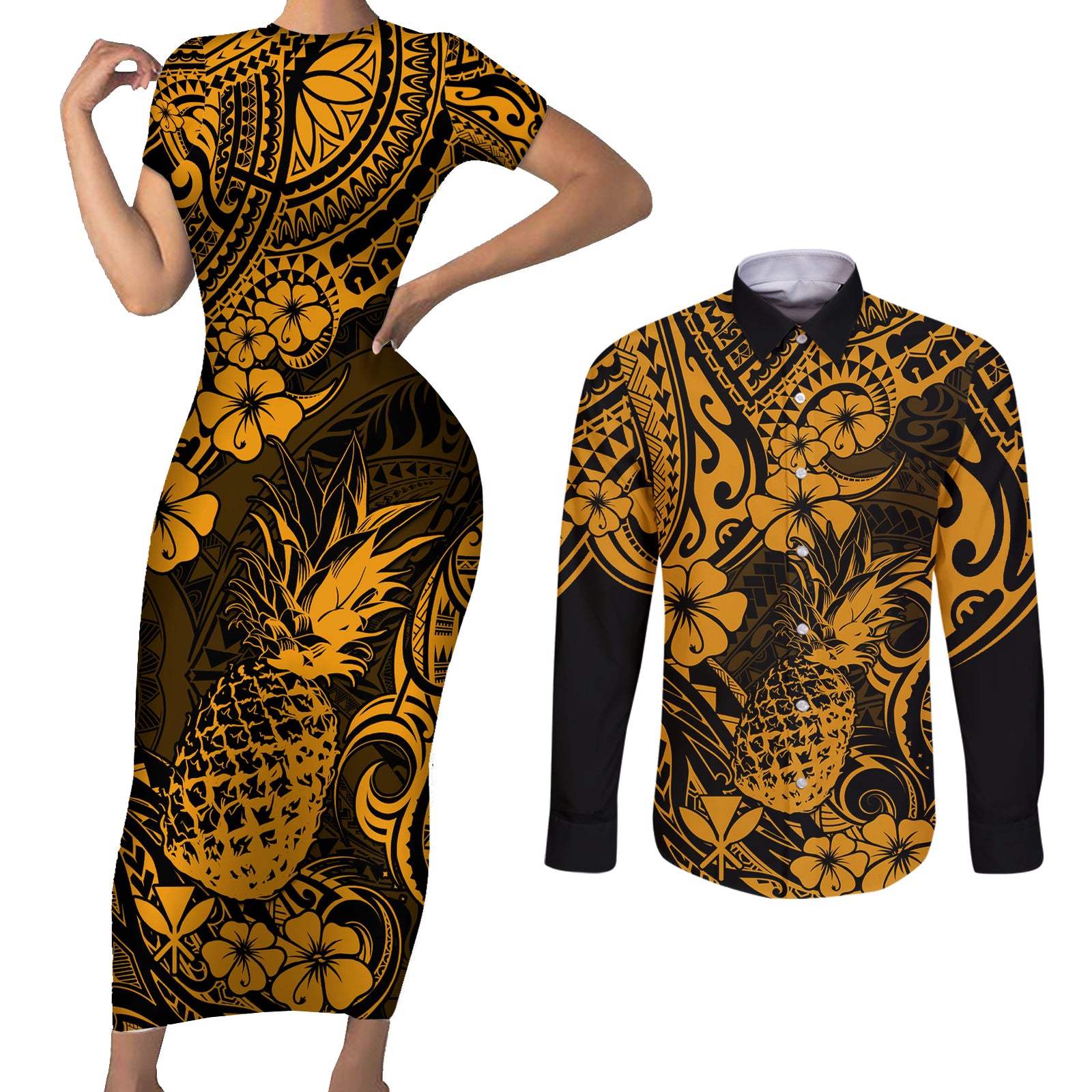 Hawaii Pineapple Couples Matching Short Sleeve Bodycon Dress and Long Sleeve Button Shirts Paradise Flowers Pacific With Gold Polynesian Tribal LT01 Gold - Polynesian Pride