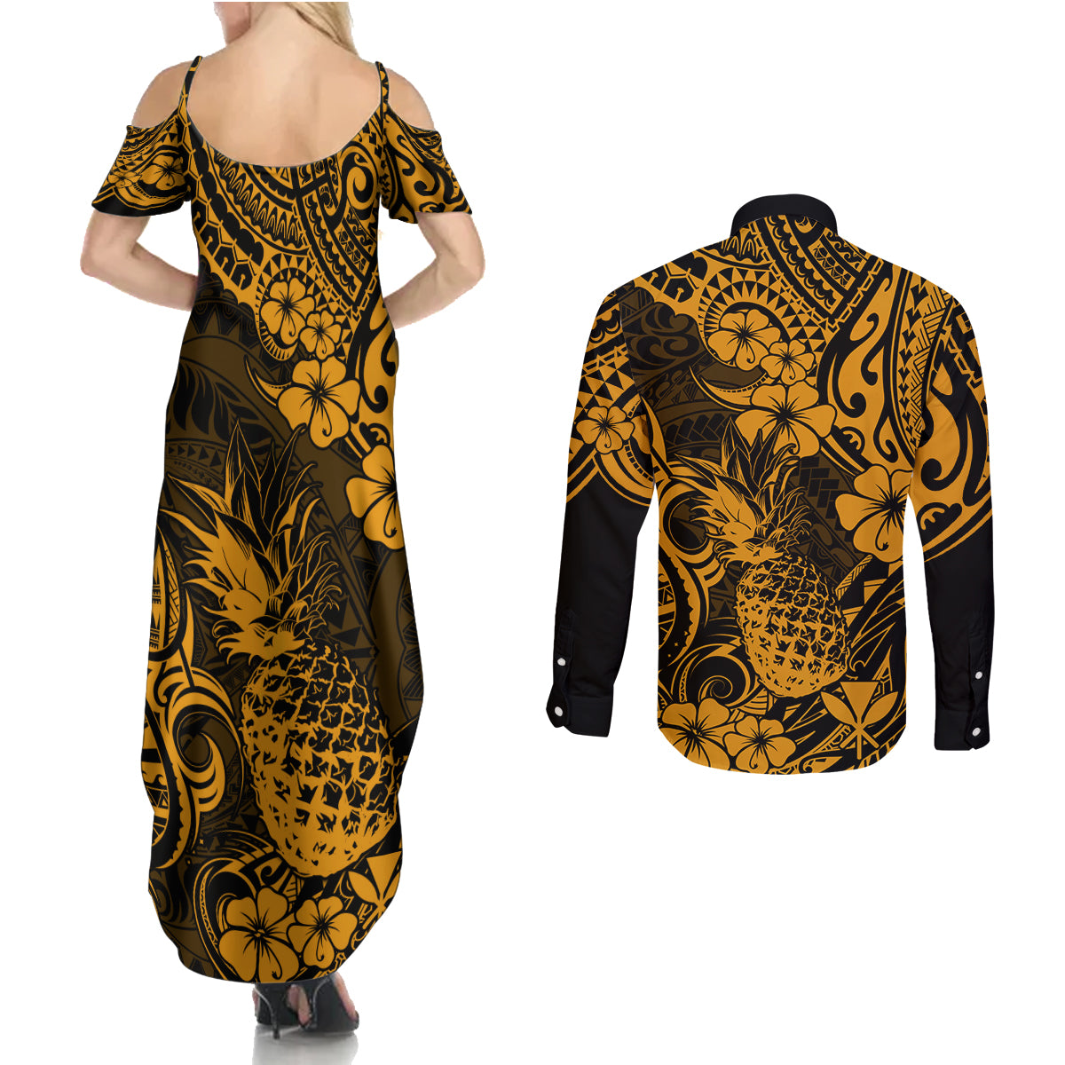 Hawaii Pineapple Couples Matching Summer Maxi Dress and Long Sleeve Button Shirts Paradise Flowers Pacific With Gold Polynesian Tribal LT01 - Polynesian Pride