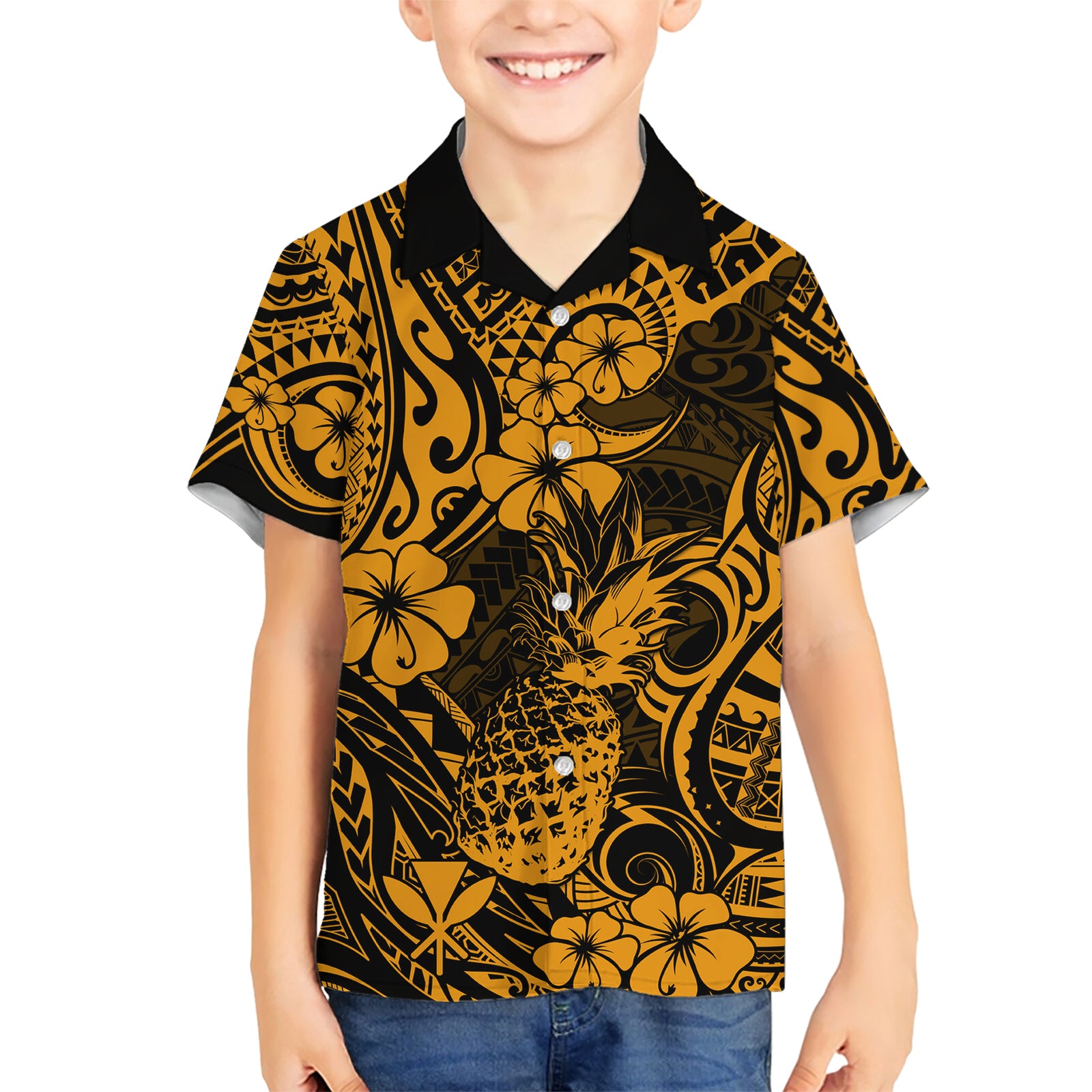 Hawaii Pineapple Kid Hawaiian Shirt Paradise Flowers Pacific With Gold Polynesian Tribal LT01 Kid Gold - Polynesian Pride