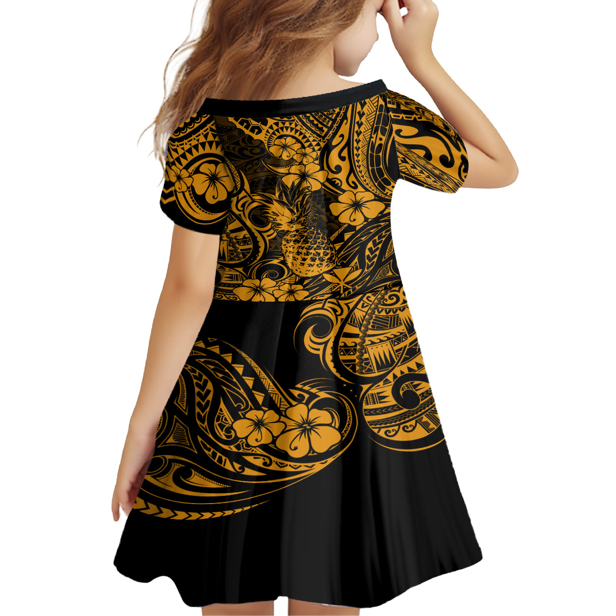 Hawaii Pineapple Kid Short Sleeve Dress Paradise Flowers Pacific With Gold Polynesian Tribal LT01 - Polynesian Pride