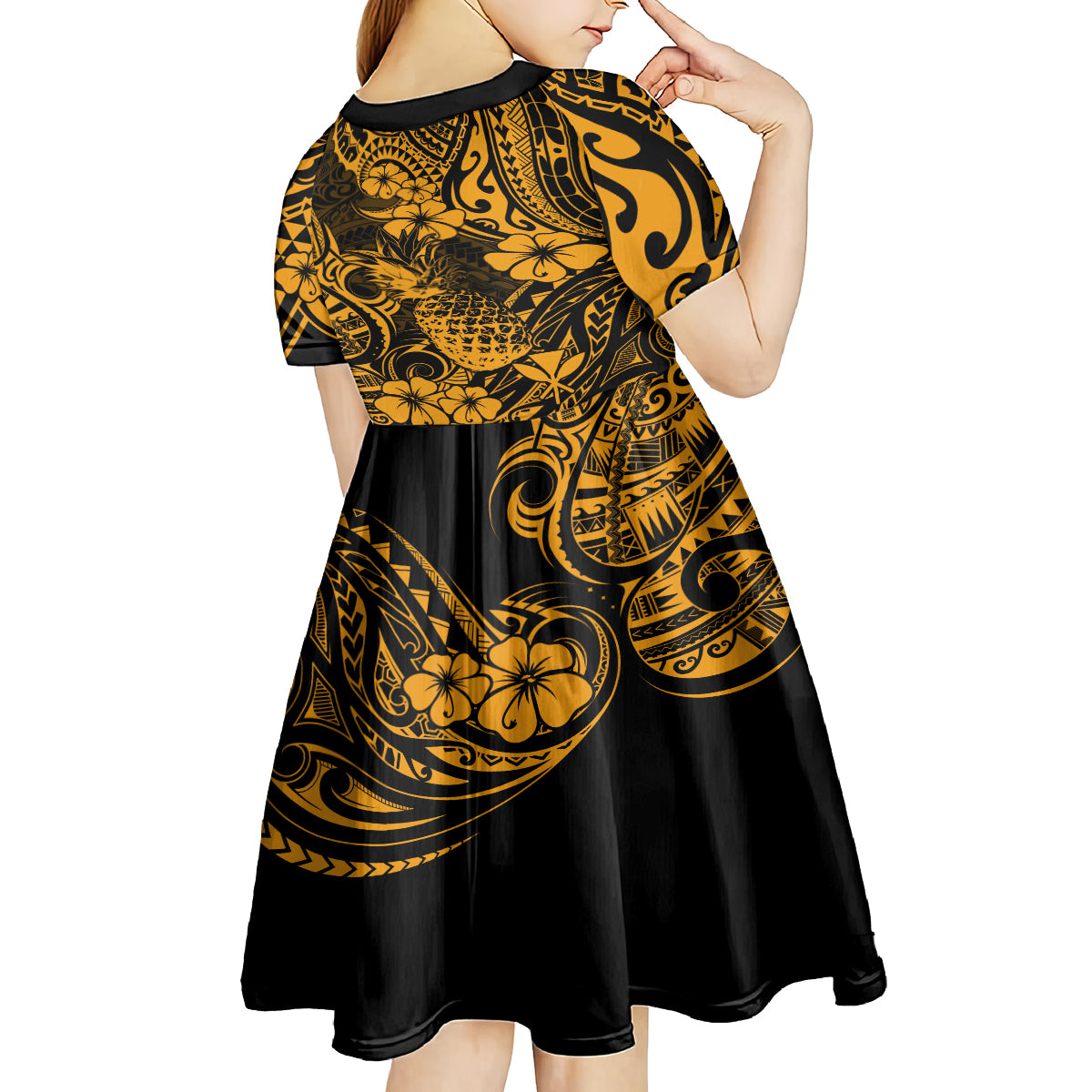 Hawaii Pineapple Kid Short Sleeve Dress Paradise Flowers Pacific With Gold Polynesian Tribal LT01 - Polynesian Pride