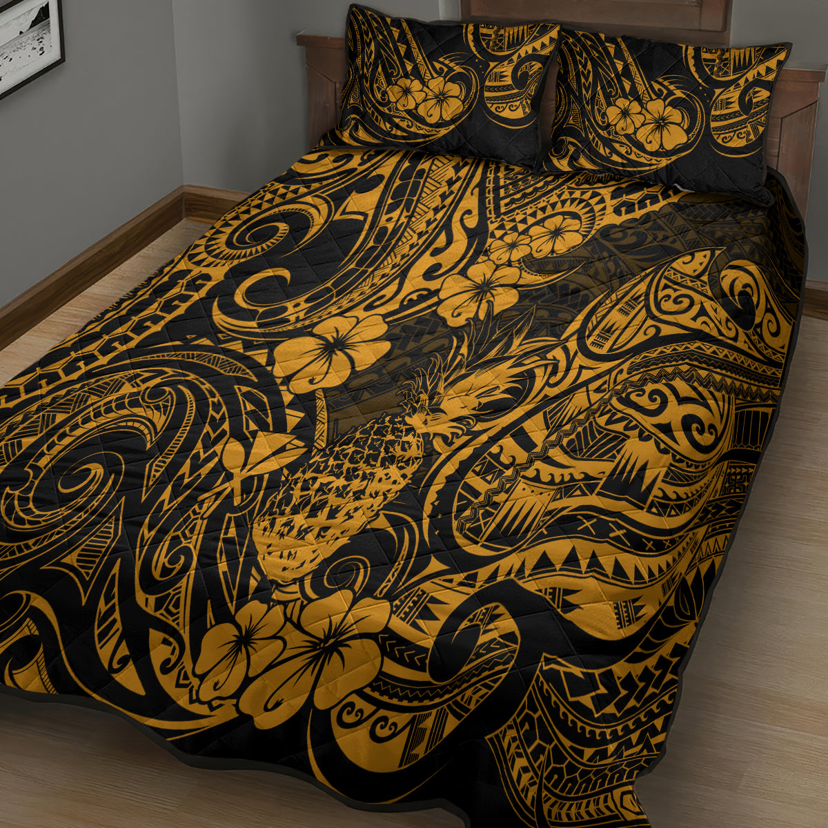 Hawaii Pineapple Quilt Bed Set Paradise Flowers Pacific With Gold Polynesian Tribal LT01 - Polynesian Pride
