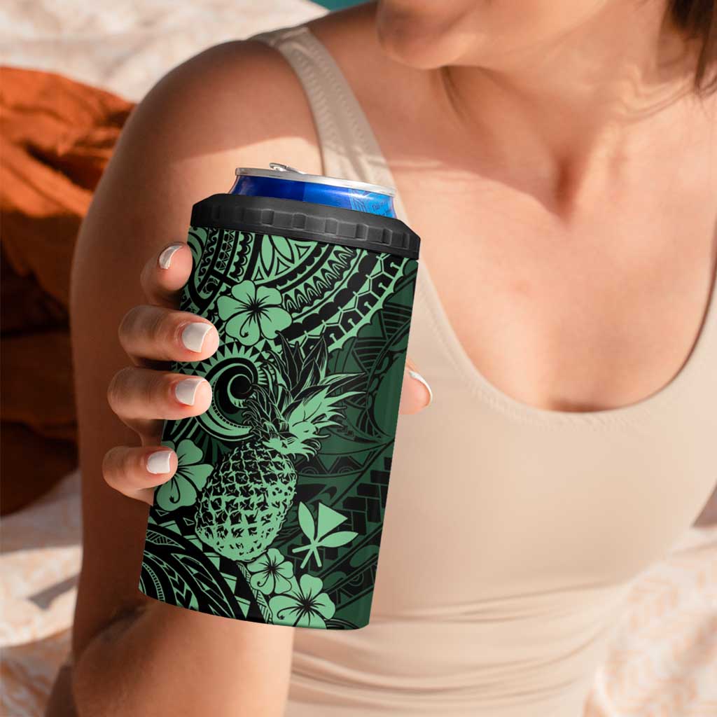 Hawaii Pineapple 4 in 1 Can Cooler Tumbler Paradise Flowers Pacific With Green Polynesian Tribal