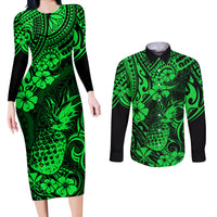 Hawaii Pineapple Couples Matching Long Sleeve Bodycon Dress and Long Sleeve Button Shirts Paradise Flowers Pacific With Green Polynesian Tribal LT01 Green - Polynesian Pride