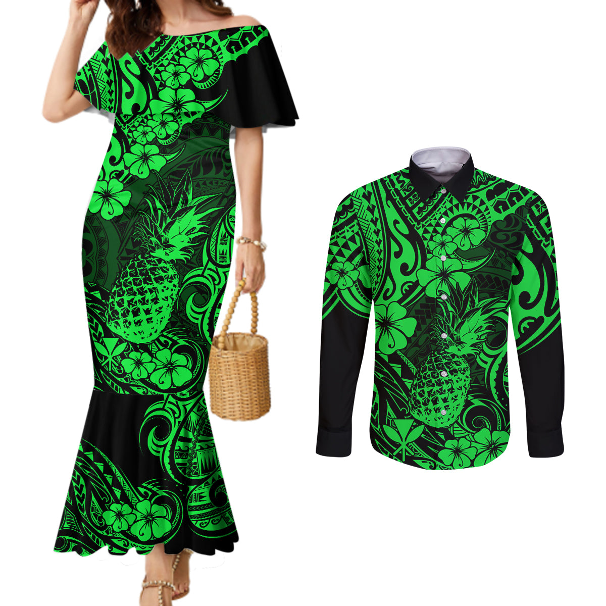 Hawaii Pineapple Couples Matching Mermaid Dress and Long Sleeve Button Shirts Paradise Flowers Pacific With Green Polynesian Tribal LT01 Green - Polynesian Pride