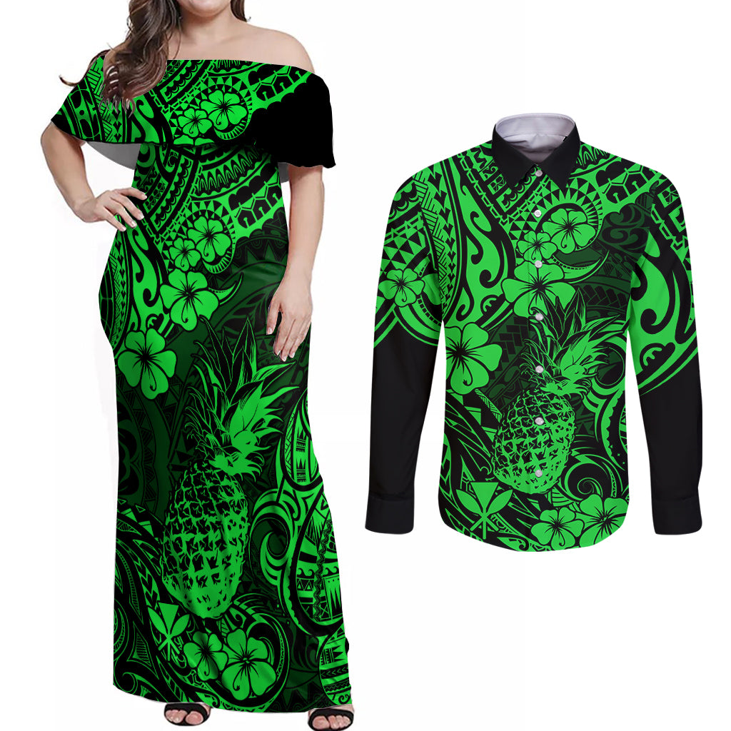Hawaii Pineapple Couples Matching Off Shoulder Maxi Dress and Long Sleeve Button Shirts Paradise Flowers Pacific With Green Polynesian Tribal LT01 Green - Polynesian Pride