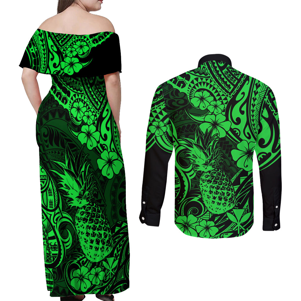 Hawaii Pineapple Couples Matching Off Shoulder Maxi Dress and Long Sleeve Button Shirts Paradise Flowers Pacific With Green Polynesian Tribal LT01 - Polynesian Pride