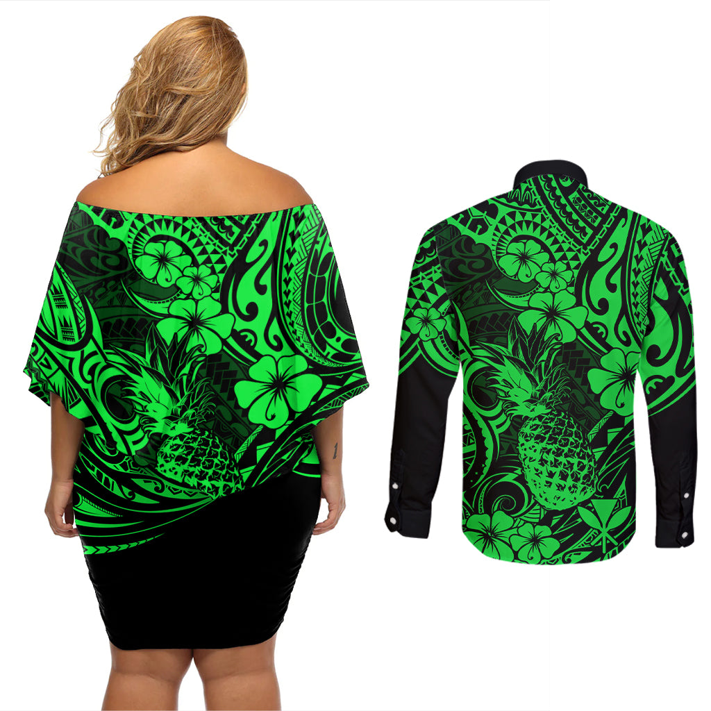 Hawaii Pineapple Couples Matching Off Shoulder Short Dress and Long Sleeve Button Shirts Paradise Flowers Pacific With Green Polynesian Tribal LT01 - Polynesian Pride