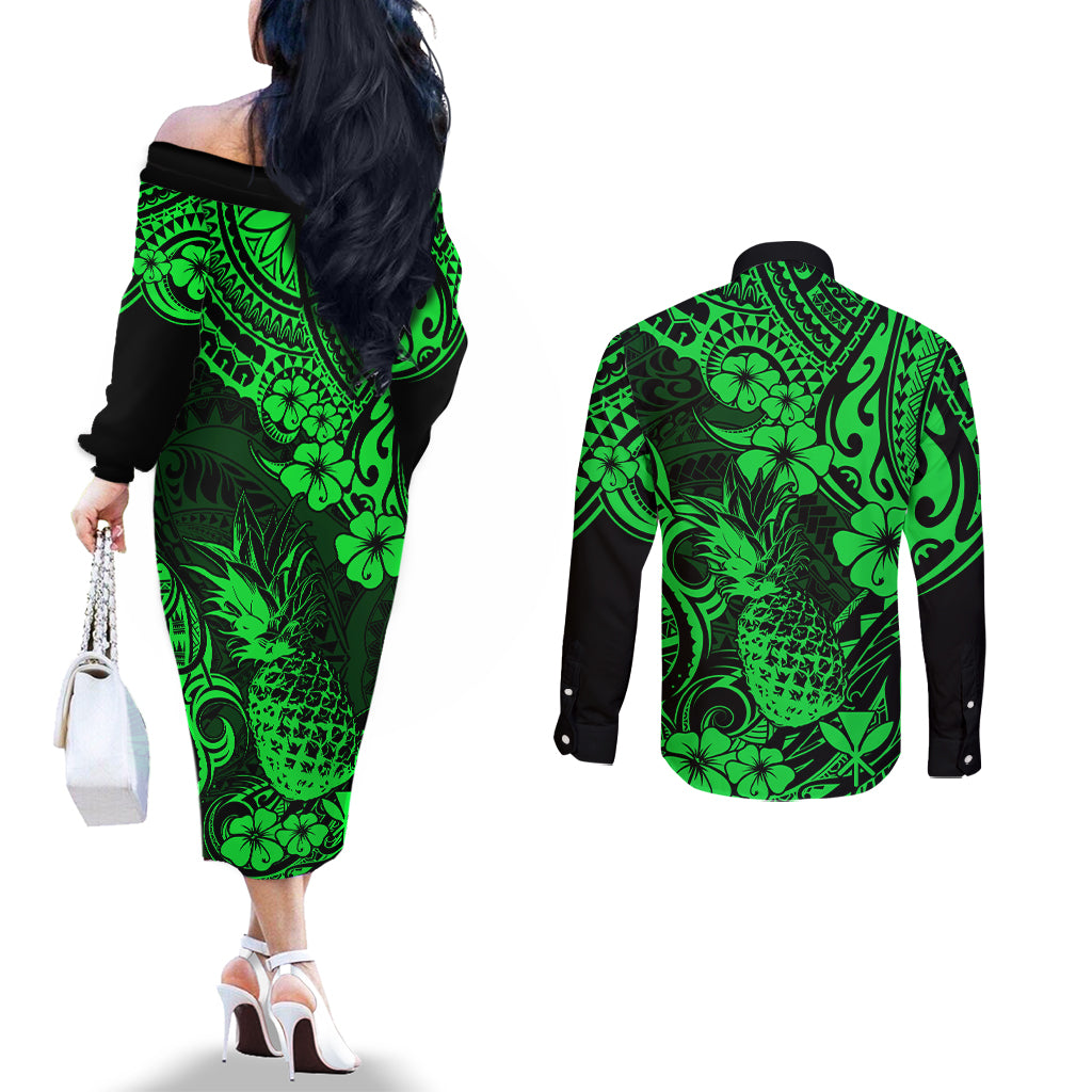 Hawaii Pineapple Couples Matching Off The Shoulder Long Sleeve Dress and Long Sleeve Button Shirts Paradise Flowers Pacific With Green Polynesian Tribal LT01 - Polynesian Pride