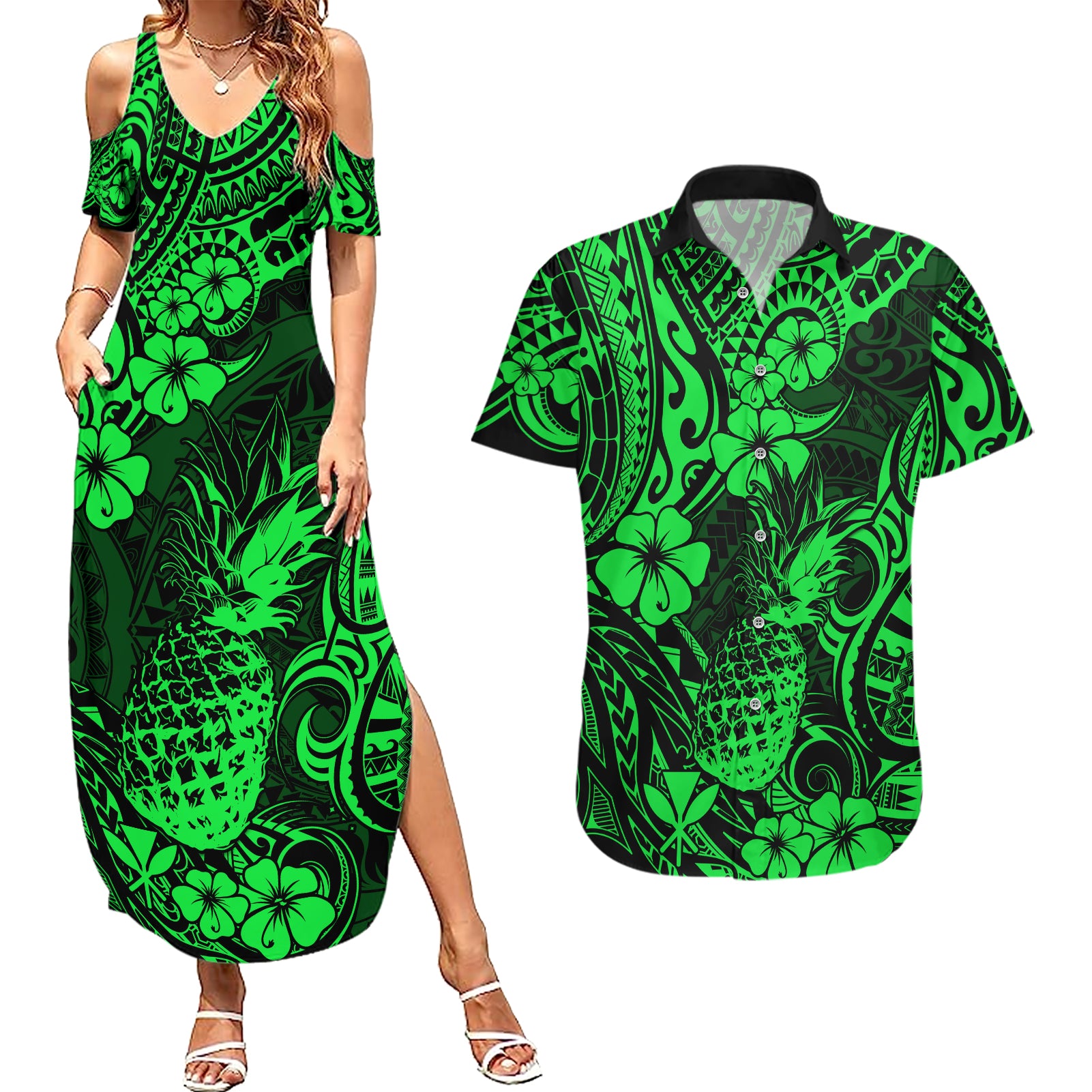 Hawaii Pineapple Couples Matching Summer Maxi Dress and Hawaiian Shirt Paradise Flowers Pacific With Green Polynesian Tribal LT01 Green - Polynesian Pride