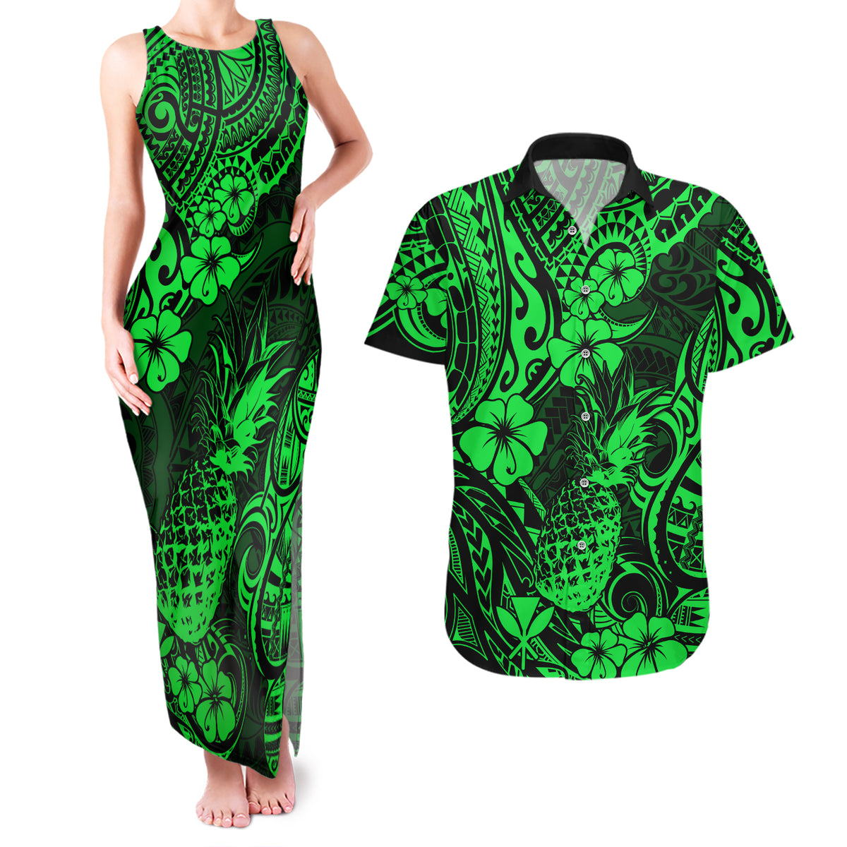 Hawaii Pineapple Couples Matching Tank Maxi Dress and Hawaiian Shirt Paradise Flowers Pacific With Green Polynesian Tribal LT01 Green - Polynesian Pride