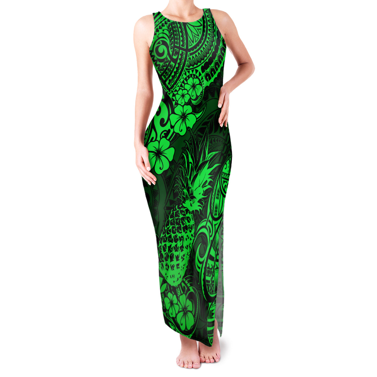 Hawaii Pineapple Family Matching Tank Maxi Dress and Hawaiian Shirt Paradise Flowers Pacific With Green Polynesian Tribal LT01 Mom's Dress Green - Polynesian Pride