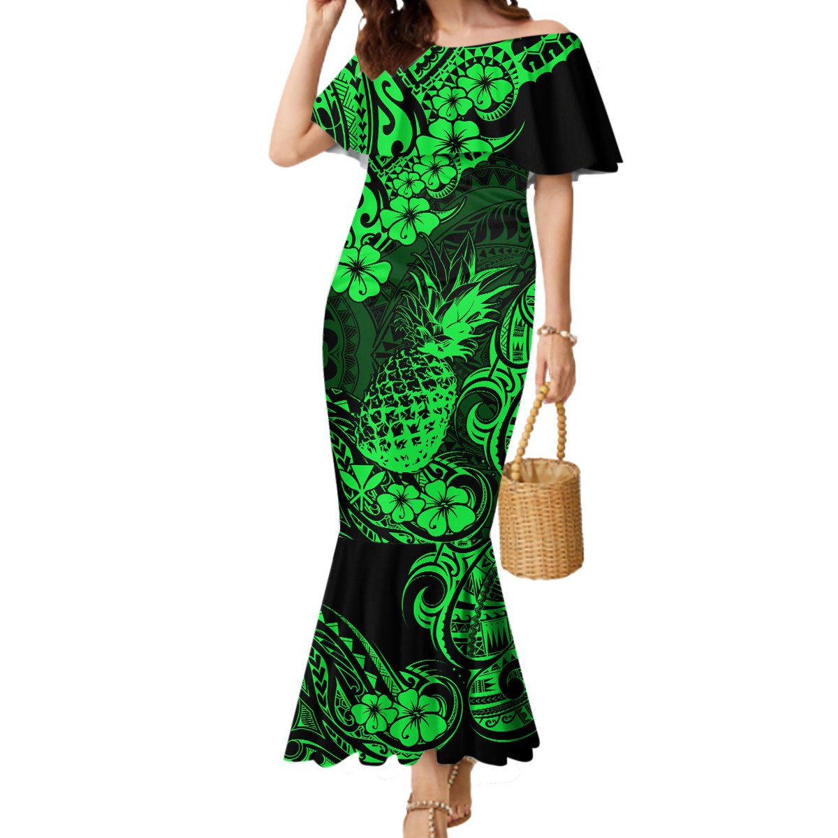 Hawaii Pineapple Mermaid Dress Paradise Flowers Pacific With Green Polynesian Tribal LT01 Women Green - Polynesian Pride