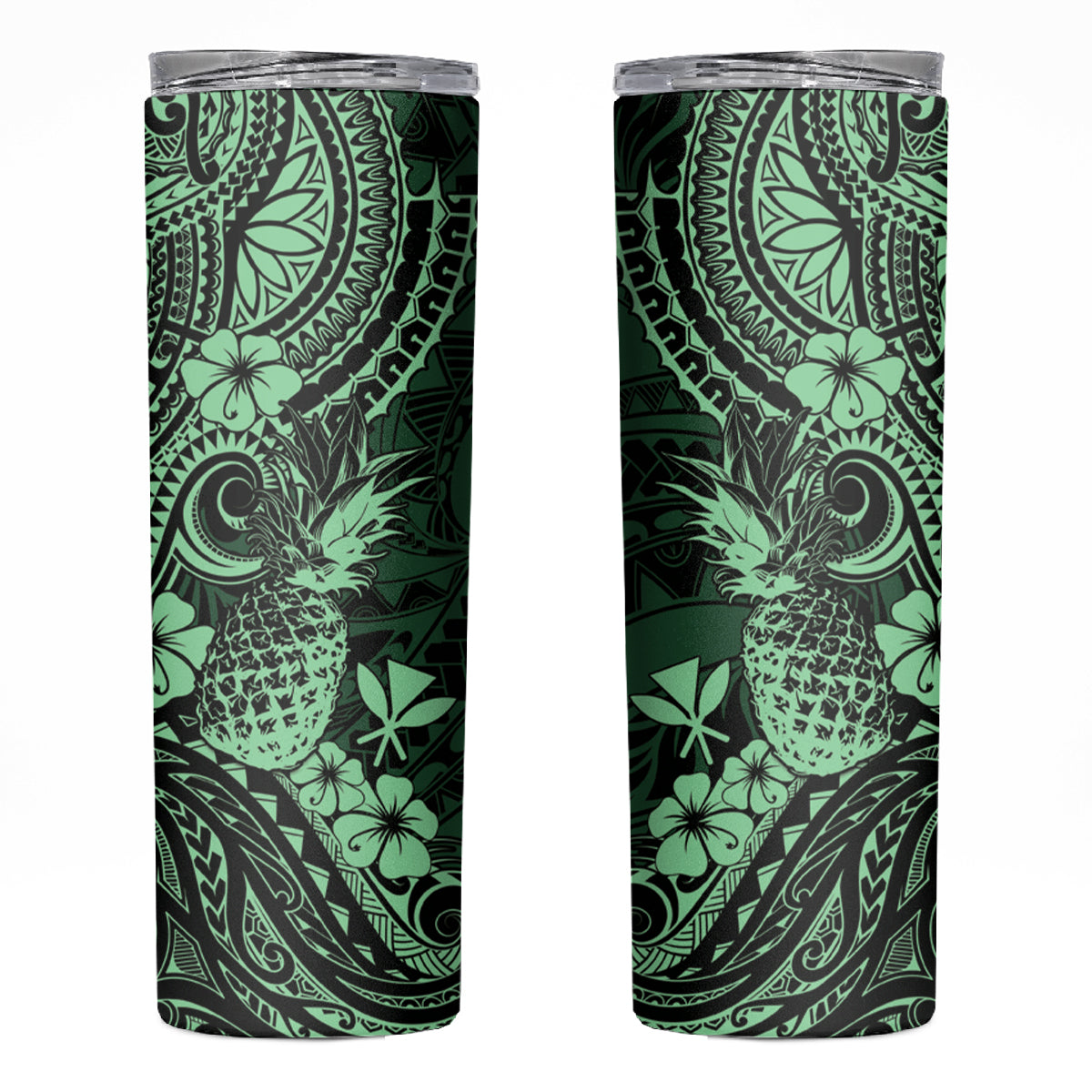 Hawaii Pineapple Skinny Tumbler Paradise Flowers Pacific With Green Polynesian Tribal LT01 Green - Polynesian Pride