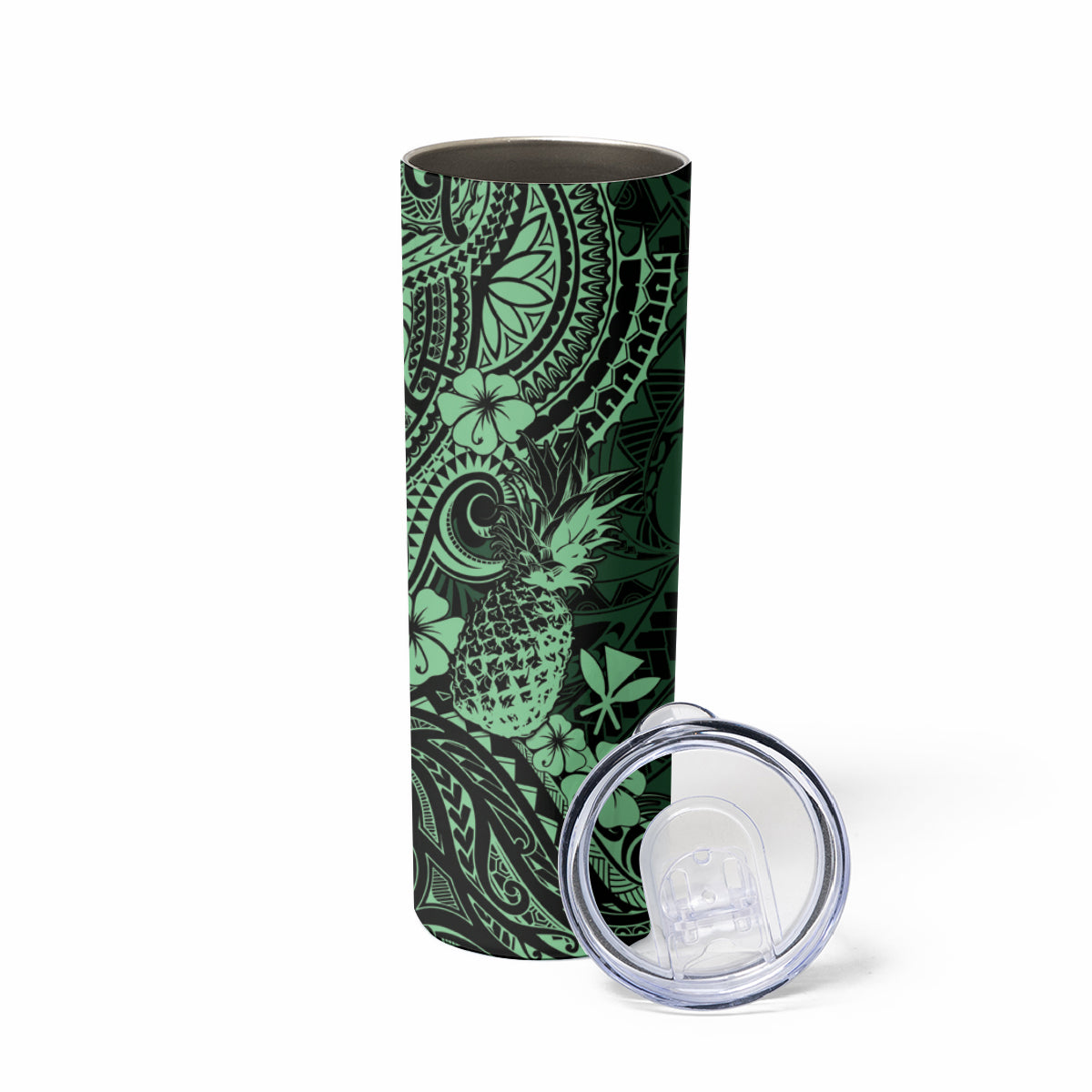 Hawaii Pineapple Skinny Tumbler Paradise Flowers Pacific With Green Polynesian Tribal LT01 - Polynesian Pride