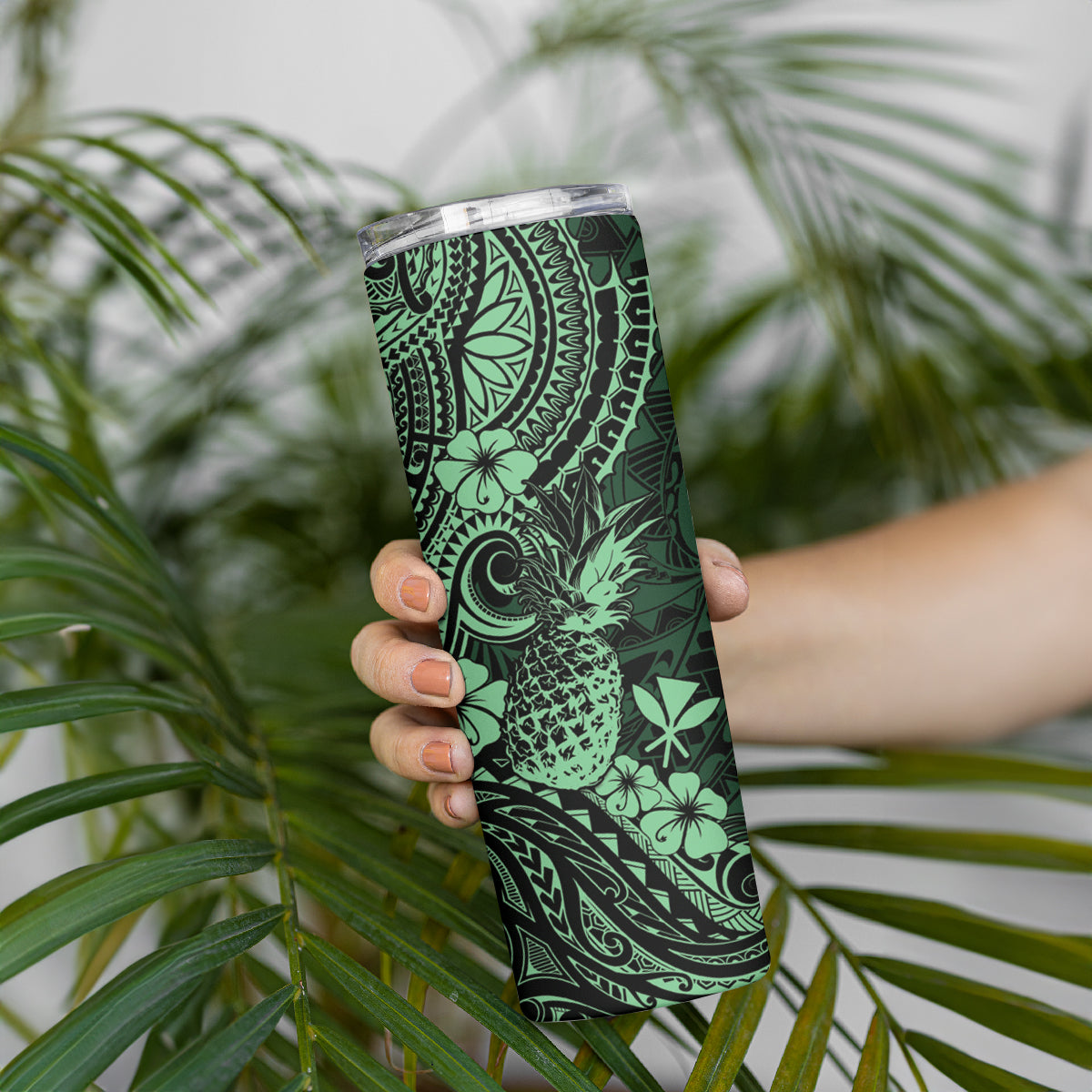 Hawaii Pineapple Skinny Tumbler Paradise Flowers Pacific With Green Polynesian Tribal LT01 - Polynesian Pride