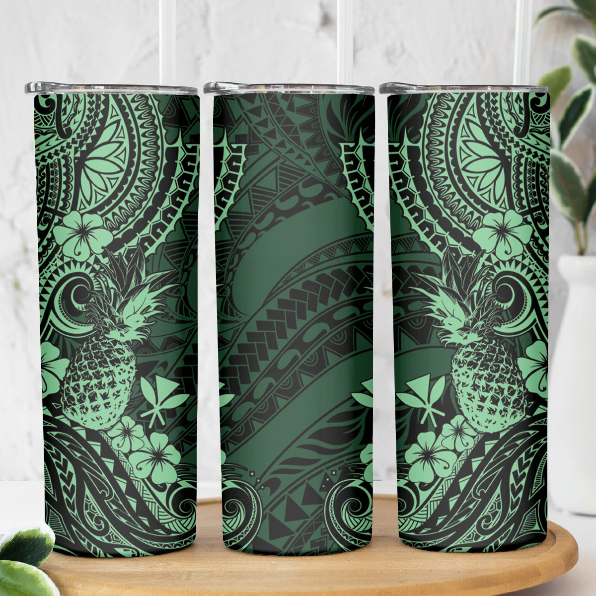 Hawaii Pineapple Skinny Tumbler Paradise Flowers Pacific With Green Polynesian Tribal LT01 - Polynesian Pride