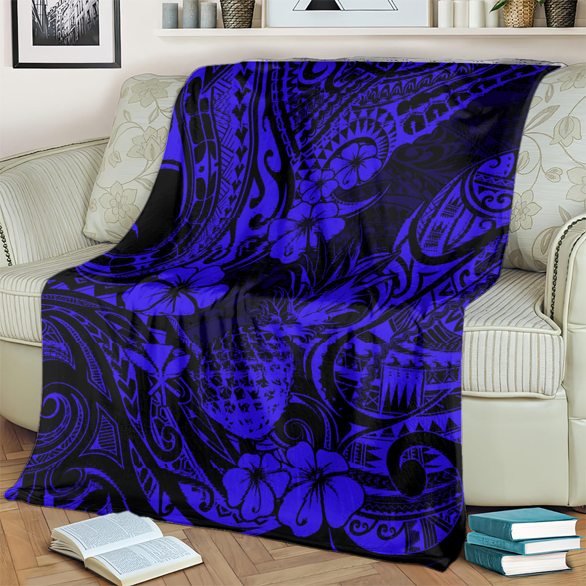Hawaii Pineapple Blanket Paradise Flowers Pacific With Navy Blue Polynesian Tribal LT01 - Polynesian Pride