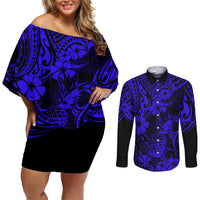 Hawaii Pineapple Couples Matching Off Shoulder Short Dress and Long Sleeve Button Shirts Paradise Flowers Pacific With Navy Blue Polynesian Tribal LT01 Blue - Polynesian Pride