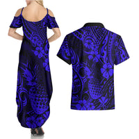 Hawaii Pineapple Couples Matching Summer Maxi Dress and Hawaiian Shirt Paradise Flowers Pacific With Navy Blue Polynesian Tribal LT01 - Polynesian Pride