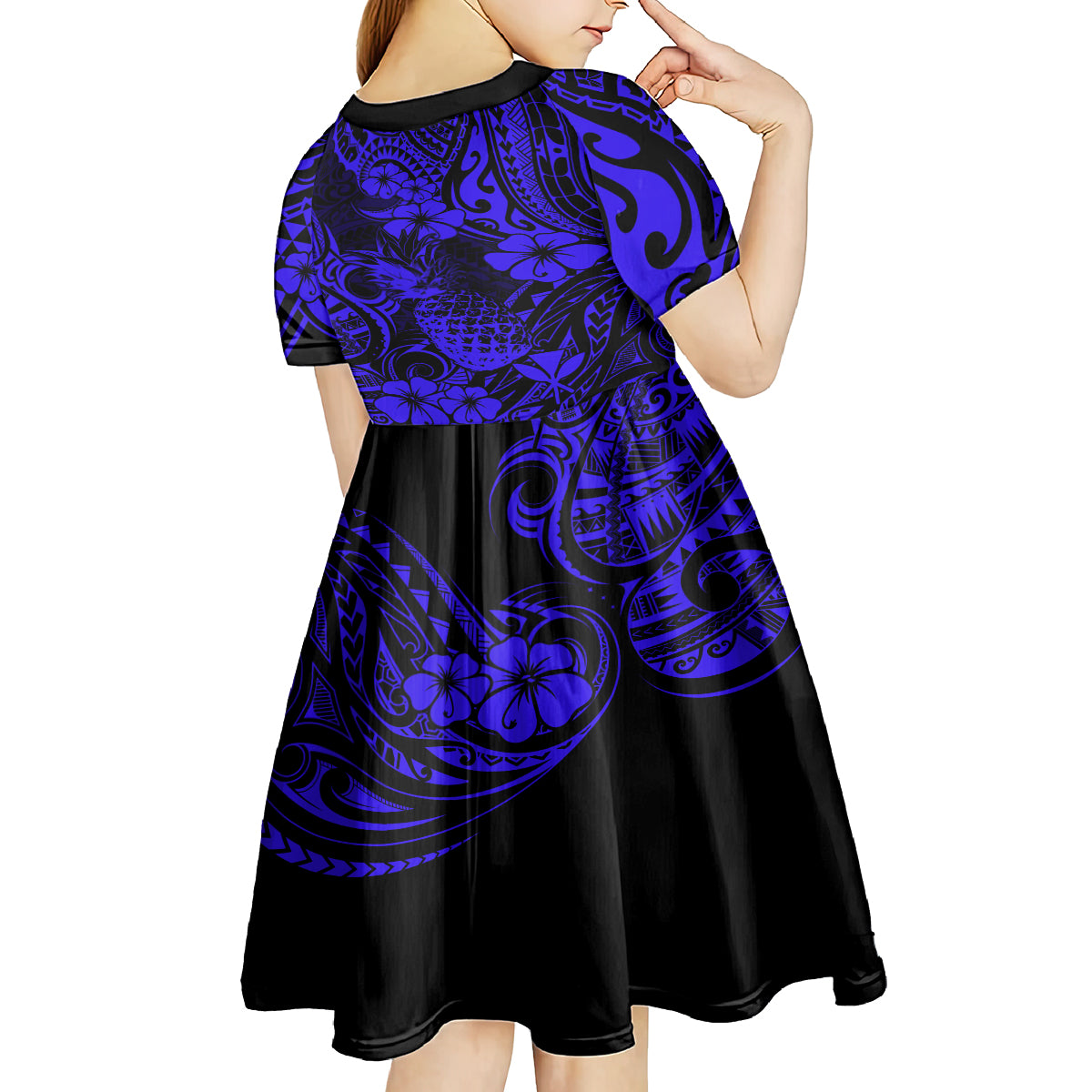 Hawaii Pineapple Kid Short Sleeve Dress Paradise Flowers Pacific With Navy Blue Polynesian Tribal LT01 - Polynesian Pride