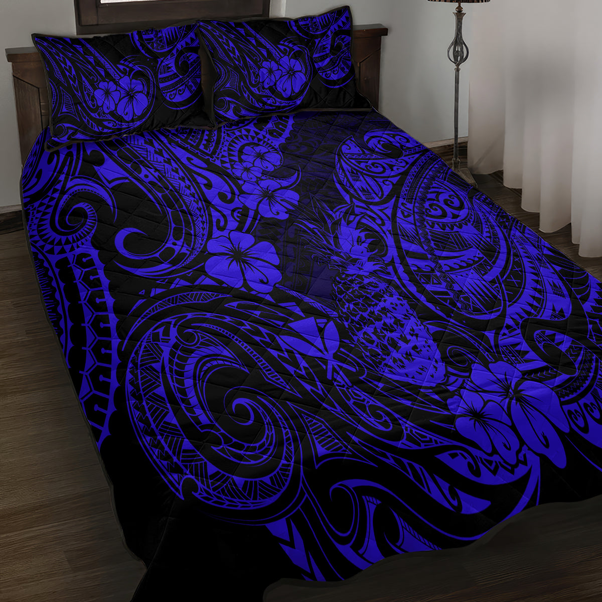 Hawaii Pineapple Quilt Bed Set Paradise Flowers Pacific With Navy Blue Polynesian Tribal LT01 - Polynesian Pride