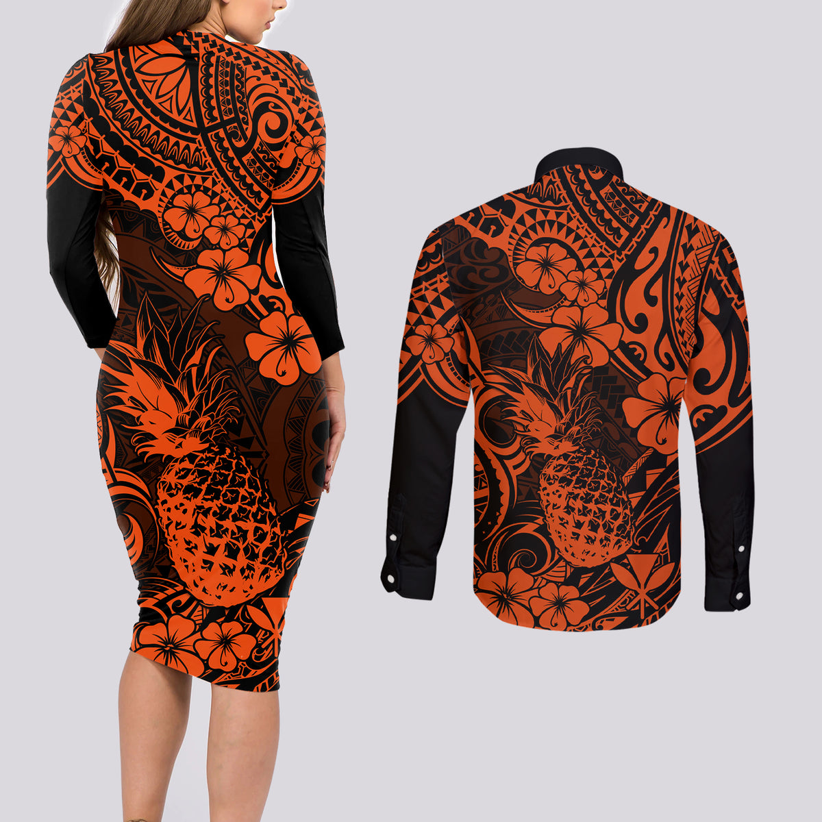 Hawaii Pineapple Couples Matching Long Sleeve Bodycon Dress and Long Sleeve Button Shirts Paradise Flowers Pacific With Orange Polynesian Tribal LT01 - Polynesian Pride